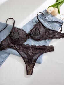 1set Women's Solid Color Lace Underwired Bra & Panty Set - Chocolate Brown - View 4