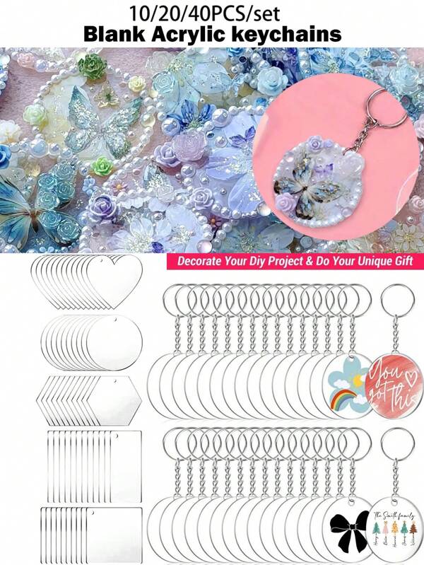 Set de 10/20/40 piezas de llaveros con colgantes acrílicos transparentes DIY, en formas surtidas que incluyen círculo, corazón, geométricas, para manualidades DIY, decoraciones navideñas, regalos, accesorios para llaves de coche