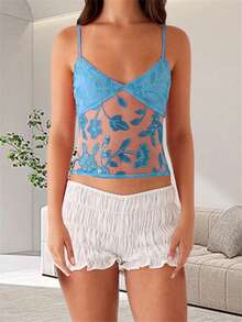 Women Crop Sheer Camisole Casual Summer Sequin Floral Embroidery Backless Tank Tops Sleeveless T-Shirt - Blue - View 2