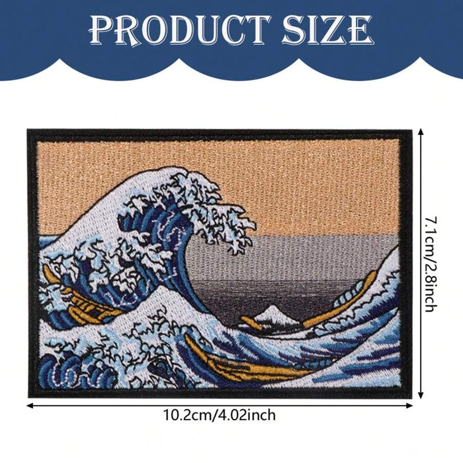 1pc Embroidered Great Wave Of Kanagawa Hot Melt Repair Patch For DIY Clothing Decoration, Artwork Accessory