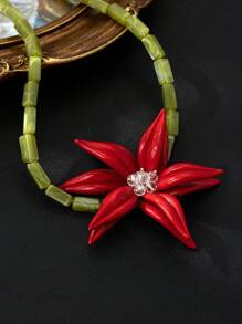 1pc Exaggeration Resin Flower Handmade Beaded Women Personalized Floral Pendant Necklace, Camellia 3D Party Necklace