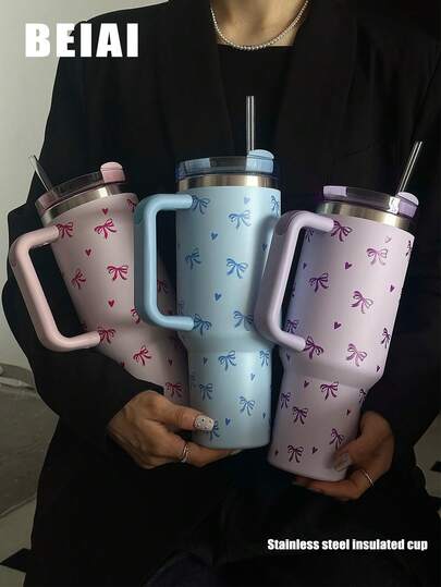 1 件 40 盎司-14 盎司不锈钢真空隔热旅行杯，带手柄、心形和蝴蝶结装饰，大容量保温/保冷杯，适用于汽车、学校、办公室、户外、健身房、家庭、女性和青少年礼物、节日礼物、生日礼物（带吸管）