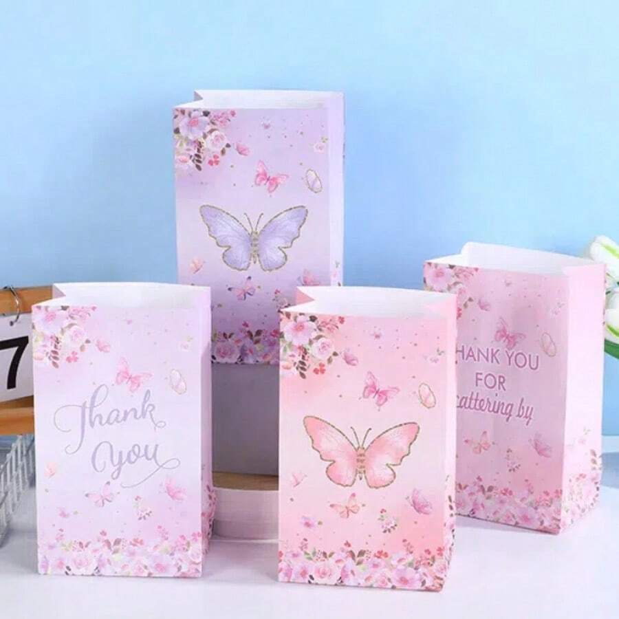 10pcs Butterfly Print Gift Paper Bags, Suitable For Romantic Creative Holiday Gift Wrapping Rectangular Handle Bags