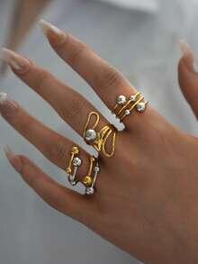 Frminee 1Pc/3pcs夏季简约时尚金银色钢球开口戒指18K镀金女士不锈钢戒指适合日常佩戴度假旅行海边等防水高品质戒指 - 彩色 - 查看 11