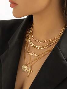 5pcs Retro Multi-Layer Heart Shaped Relief Figure & Cross Pendant Necklace - Gold - View 2