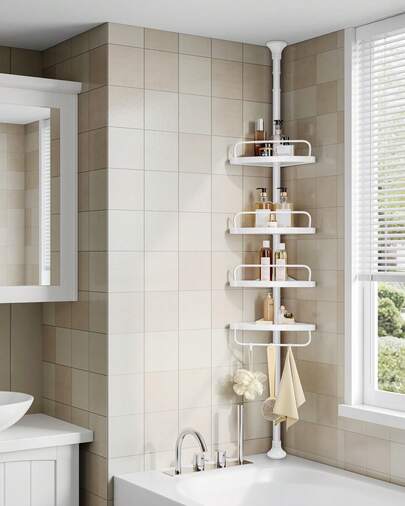 Estante Esquinero de Ducha, Estante de Ducha de Baño de 4 Niveles, 85-305 cm Sportes de Ducha Ajustables, Organizador de Baño, Blanco