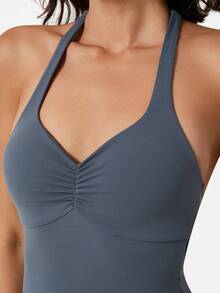 NcmRyu 1pc V-Shape Ruched Design Yoga Fitness Running Training Jumpsuit, Fashionable, Suitable For Spring & Summer Shapewear Jumpsuit - Blue - View 4