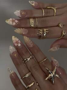 10片手工3D立体花朵美甲贴片，黄色夏日海滩美甲贴片，3D贝壳海星光环美甲贴片，水波纹美甲贴片，泡泡美甲贴片，夏日美甲贴片，中号杏仁形按压式美甲贴片，女士及女孩日常佩戴美甲配件 - 黃色 - 查看 2