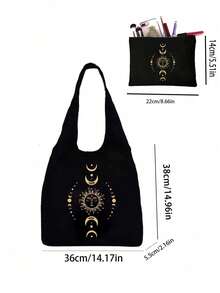 一套三件：月亮星星印花帆布手提袋、黑色图案印花单肩包和黑色收纳袋 - 个性化伴娘礼物、情人节礼物、化妆包、旅行收纳包 - 黑色 - 查看 9