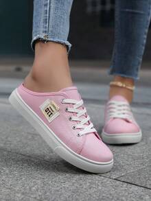 女士一脚蹬运动鞋帆布一脚蹬鞋时尚舒适拖鞋女士防滑乐福鞋休闲露跟鞋 - 粉色 - 查看 2