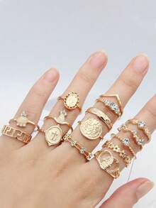 15PCS Retro Beauty Head Gold Coin Cross Pattern Ring Set, Elegant And Refined Ring
