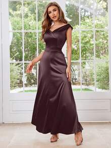 MUXXN 1950er Jahre Vintage Satin V-Ausschnitt Cocktailkleid - Schokoladenbraun - Übersicht 5