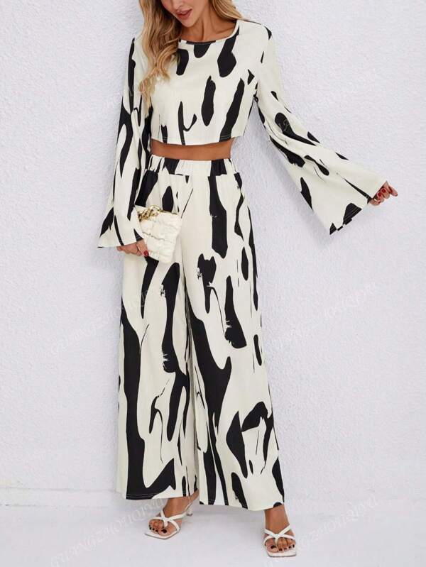 Women's Elegant Printed 2 Pieces Set, Casual Loose Fit Round Neck Top With High Waist Wide Leg Pants