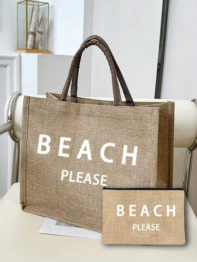Large Capacity Linen Tote Bag With "Beach" Palm Tree Letter Pattern, Portable Oversized Shopping Bag, Linen Handle Handbag, Multifunctional Storage Bag, Personalized Gift Bag, Suitable For Travel, Shopping, Vacation, Back To School, Parties, And An Ideal Gift For Mother's Day, Birthday, Teacher's Day, Anniversary, Holidays, And Parties., Vacation