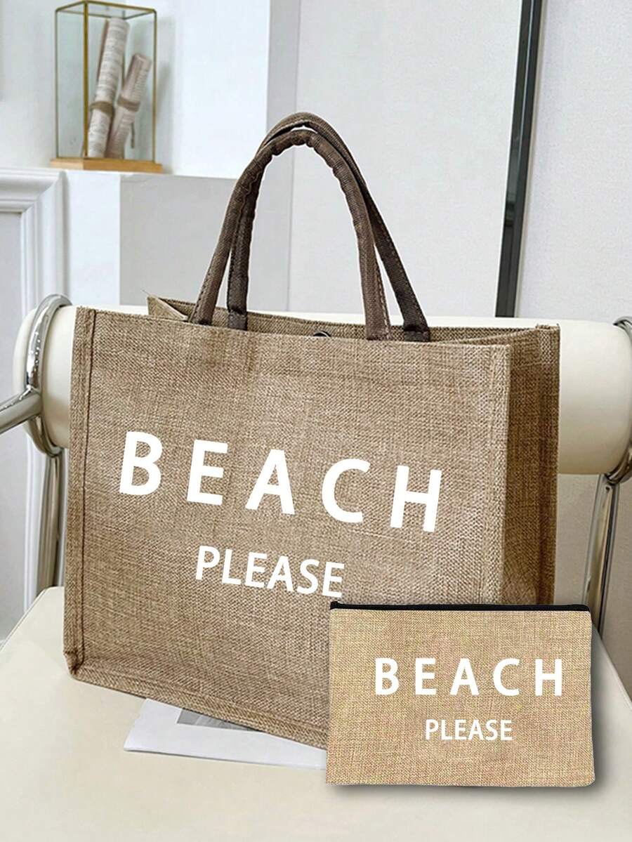 Túi tote vải lanh dung tích lớn với họa tiết chữ "Beach" (bãi biển), túi mua sắm cỡ lớn tiện dụng, túi xách tay quai vải lanh, túi đựng đồ đa năng, túi quà tặng cá nhân hóa, thích hợp cho du lịch, mua sắm, kỳ nghỉ, tựu trường, tiệc tùng, và là món quà lý tưởng cho Ngày của Mẹ, sinh nhật, Ngày Nhà giáo, kỷ niệm, ngày lễ và các bữa tiệc. - Màu Khaki - Xem 1