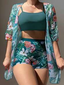 Women's Summer Tropical Plant Print Bikini Swimsuit Set With Matching Square Shorts And Half Sleeve Cover-Up Kimono,Women's Tropical Plant Print Swimwear Set - 藍色 - 查看 1