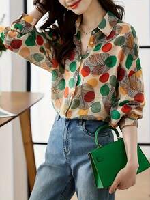 女式波尔卡圆点印花长袖衬衫，正面全纽扣，翻领，长袖上衣 - 彩色 - 查看 4