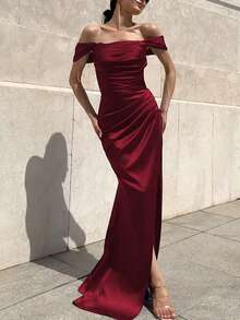 Vestido longo feminino liso com fenda lateral e amarração nas costas, ombro de fora, colado ao corpo, elegante, sexy, para festa, baile de noite - Borgonha - Ver 3