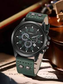 4PCS Green Men's Watch Set Fashion Business Versatile Classic Quartz Watch Bracelet Set With Calendar Suitable For Daily Clothing Matching Or Holiday Gifts