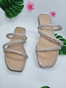 Sandalia plana de mujer para fiestas o casuales con diamante de imitación, combina un outfit perfecto para los eventos ,mas importantes bodas , Xv y mas, úsalos hasta en la oficina, no dejes pasar esta oportunidad - Maquillaje - Ver 4