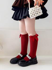 1 Pair Girls Plain Bow Knee High Socks, Mid-Calf Length School Uniform Socks, Versatile For All Seasons