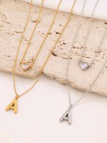 1pc Stainless Steel A-Z Initial Letter Pendant Necklace For Women Fashion Heart Zirconia Charms Double Layers Chain Necklaces Jewelry