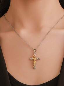 1件简约白色和玫瑰金花朵十字架吊坠项链，在中东很受欢迎 - 雙色玫瑰金的 - 查看 5