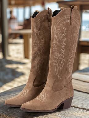 Novas botas vintage bordadas, botas casuais estilo western, botas de salto grosso antiderrapantes de cano médio, botas de cano curto confortáveis e versáteis estilo cavaleiro, outono/inverno, botas de cowboy