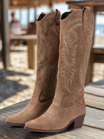 New Vintage Embroidered Boots, Casual Western Boots, Thick Heel Anti-Slip Mid-Calf Boots, Comfortable Versatile Knight Ankle Boots, Autumn/Winter,Cowboy Boots