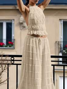 2 pièces/ensemble Robe maxi avec dos nu, volants et garniture en dentelle, en chiffon abricot multicouche. Élégante et romantique