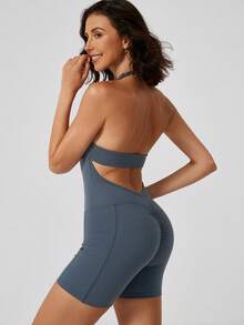 NcmRyu 1pc V-Shape Ruched Design Yoga Fitness Running Training Jumpsuit, Fashionable, Suitable For Spring & Summer Shapewear Jumpsuit - Blue - View 2