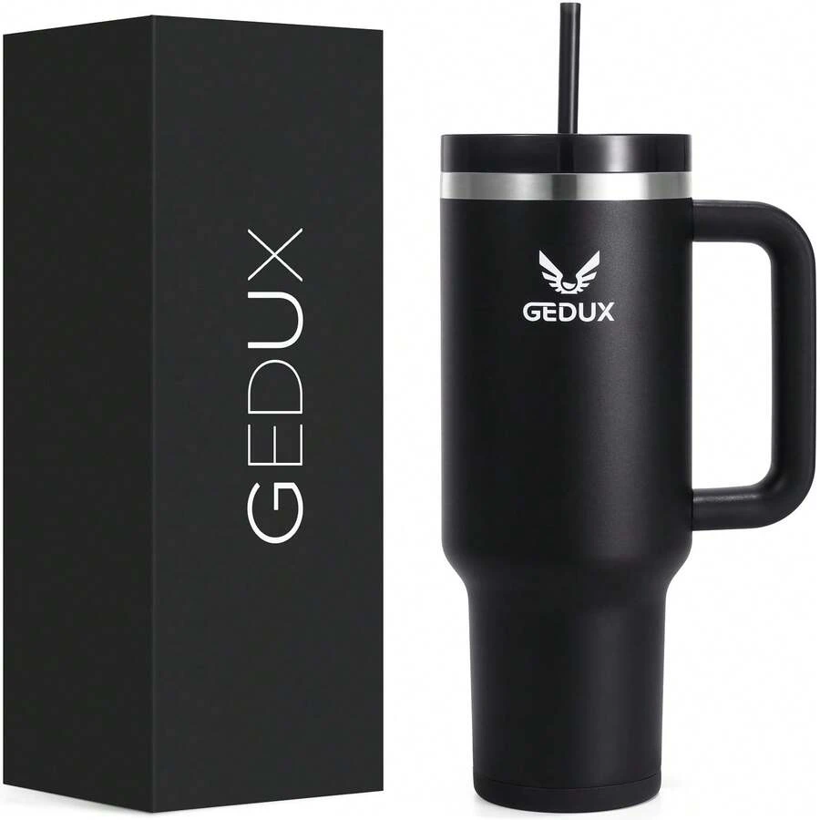 40oz Tumbler With Handle, 2-IN-1 Leak Proof Lid (Straw/Flip), Insulated Water Bottle, Stainless Steel Tumbler With Non-Slip Silicone, Wide Mouth Travel Mug Cupholder Friendly Dishwasher Safe - Black - View 1