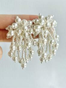 1 Pair Handmade Pearl Tassel Earrings For Women, Exaggerated Personalized Style, Suitable For Parties, Gatherings, And Daily Fashion Accessories - Beige - View 14