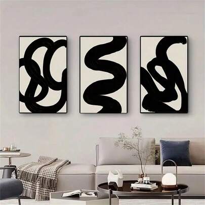 Juego de 3 cuadros de arte de lienzo minimalistas en blanco y negro - Impresiones abstractas modernas de paisaje para decorar la sala de estar, el dormitorio y la oficina. (Opcional con marco)