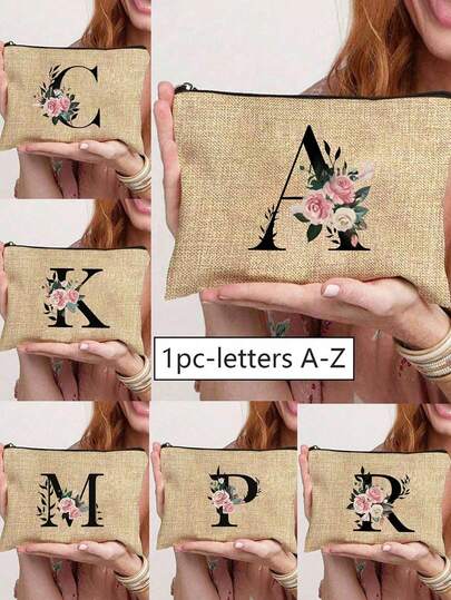 1 件字母 A-Z 花卉印花化妆包，送给女孩的礼物，可爱复古简约时尚字母图案印花包收纳包，用于小物品收纳的化妆包，收纳包，化妆品收纳包，洗漱包，手拿包，轻便可折叠收纳包，简易购物袋，教师礼物手拿包，护士、医生、教师收纳包，适合个人旅行化妆品收纳夏季假期返校学校用品包女士旅行包化妆包旅行