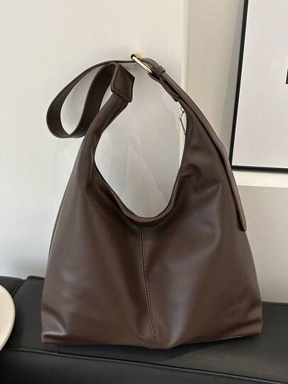 New Versatile Solid Color PU Leather Sling Bag, Casual Minimalist Baguette Tote Bag
