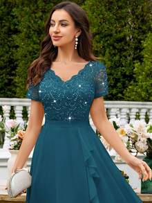 MIUSOL V-Neck Sequin Floral Lace Ruffle Hem Chiffon Ballgown, Elegant Women's Party Dress, Suitable For Formal Parties, Vacations, Homecoming, Graduation Ceremonies And Other Occasions - Dusty Blue - View 8