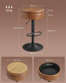 VASAGLE Tabouret de Bar Pivotant à 360°, Hauteur Réglable, avec Rangement, PU avec Coutures, Style Moderne Mi-siècle, pour Cuisine, Bar, Montage Facile, Marron Caramel - Tabac - Voir 6
