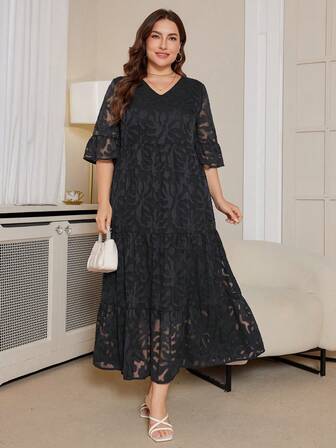 DEARCASE 大码女式深V领荷叶边袖多层下摆长裙