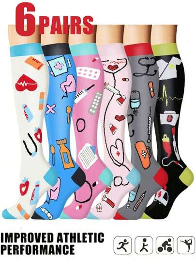 6 Pairs Women's Men's Athletic Socks Compression Socks Women's Men's Athletic Socks Cycling Adult Support Hose Circulation Running, Cycling, Hiking, Travel Socks