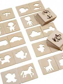 20片装木质镂空绘画模板动物水果图案涂鸦涂色绘画作品模板学校用品礼物木质绘画图案模板