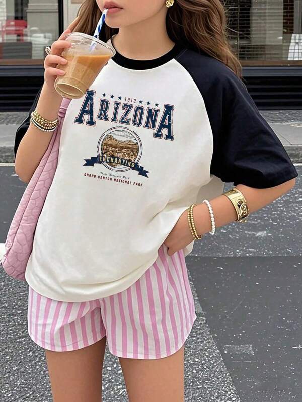 1pc Girls Casual Colorblock Round Neck T-Shirt With "1912 Arizona Territory" Graphic, Suitable For Outdoor Sports And Play In Summer, For Young Girls