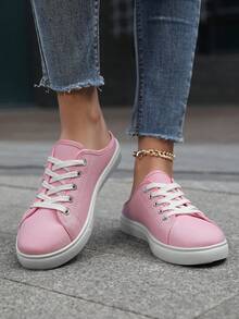 女士一脚蹬运动鞋帆布一脚蹬鞋时尚舒适拖鞋女士防滑乐福鞋休闲露跟鞋 - 粉色 - 查看 5