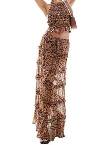 Women's Summer Leopard Outfits Halter Neck Ruffled Tank Tops + Long Skirt Set Party Clothes - Multicolor - View 7