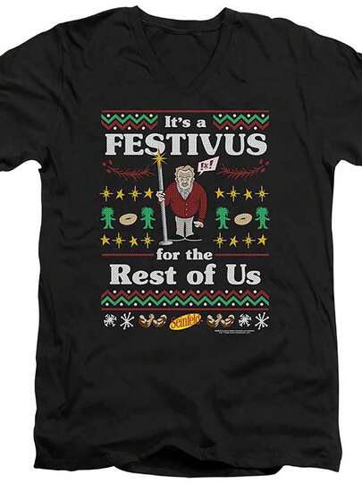 Camiseta gráfica festiva "Festivus" de  para hombres - Negra con cuello en V y mangas cortas, diseño divertido de vacaciones con impresión "Es un Festivus para el resto de nosotros", casual y lavable a máquina