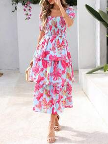 Women Summer Puff Short Sleeve Midi Dress Floral Printed Square Neck Smocked Dress Ruffle Tiered Flowy Long Dress Casual Spring Holiday Vacation Garden Boho Bohemian Wedding Guest Valentine Maxi Dress - 淺藍粉花 - 查看 4