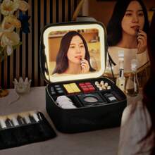 1 pezzo Borsa per il trucco da viaggio nera da 600mAh, con specchio, grande capacità, custodia per cosmetici da viaggio portatile con specchio a LED, perfetto per trucco, lampade, luci LED, luce notturna, illuminazione, accessori per la borsa da viaggio e la custodia per cosmetici.