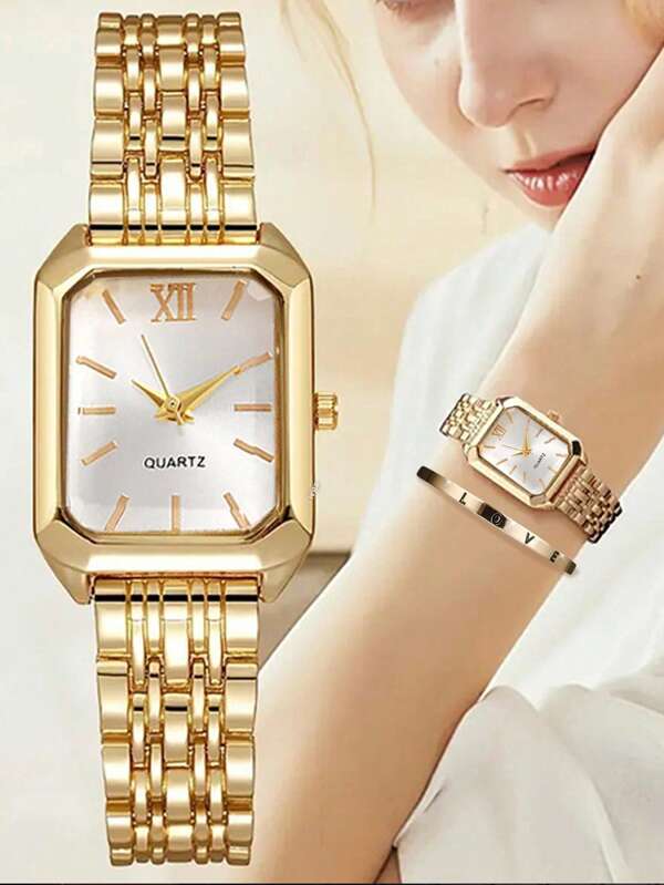 2 stuks/1 set modieuze en elegante gouden horloges voor dames met roestvrijstalen armband, kleine vierkante wijzerplaat quartzhorloge, geschikt voor examens | Moederdagcadeau | Jubileumcadeau | Verjaardagscadeau | Vakantiecadeau voor vrouwen