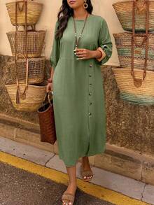 UrbanChic 加大码棉麻纽扣装饰连衣裙，女士春夏装，节日、外出、度假装，狂欢节装扮 - 軍綠色 - 查看 3