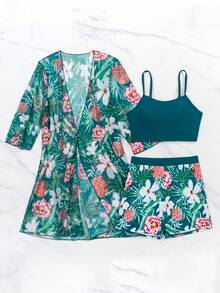 Women's Summer Tropical Plant Print Bikini Swimsuit Set With Matching Square Shorts And Half Sleeve Cover-Up Kimono,Women's Tropical Plant Print Swimwear Set - 藍色 - 查看 5
